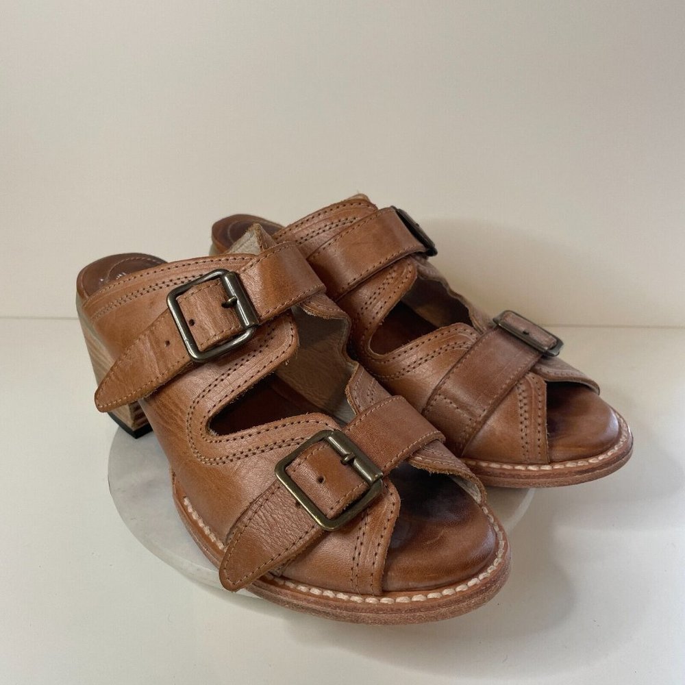 Freebird Caprice Chunky Heel Sandals Leather 7 Distressed Cognac Brown Buckles